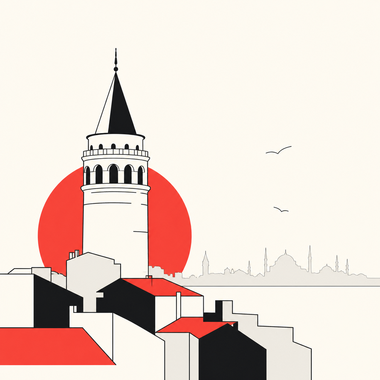 Galata Kulesi ve İstanbul manzarasının minimal illüstrasyonu